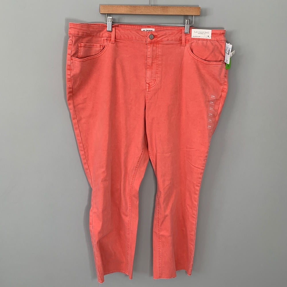NEW Maurices M Jeans Womens 24W Coral Pink Slim Straight Ankle Raw Hem Mid Rise
